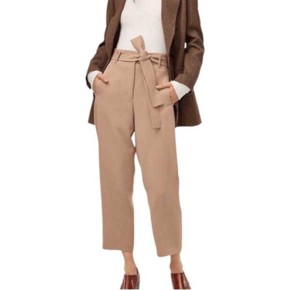 Wilfred Tie-Front Pants Casual High Waisted Belted Straight Leg Tan 4 NO BELT - Picture 1 of 10